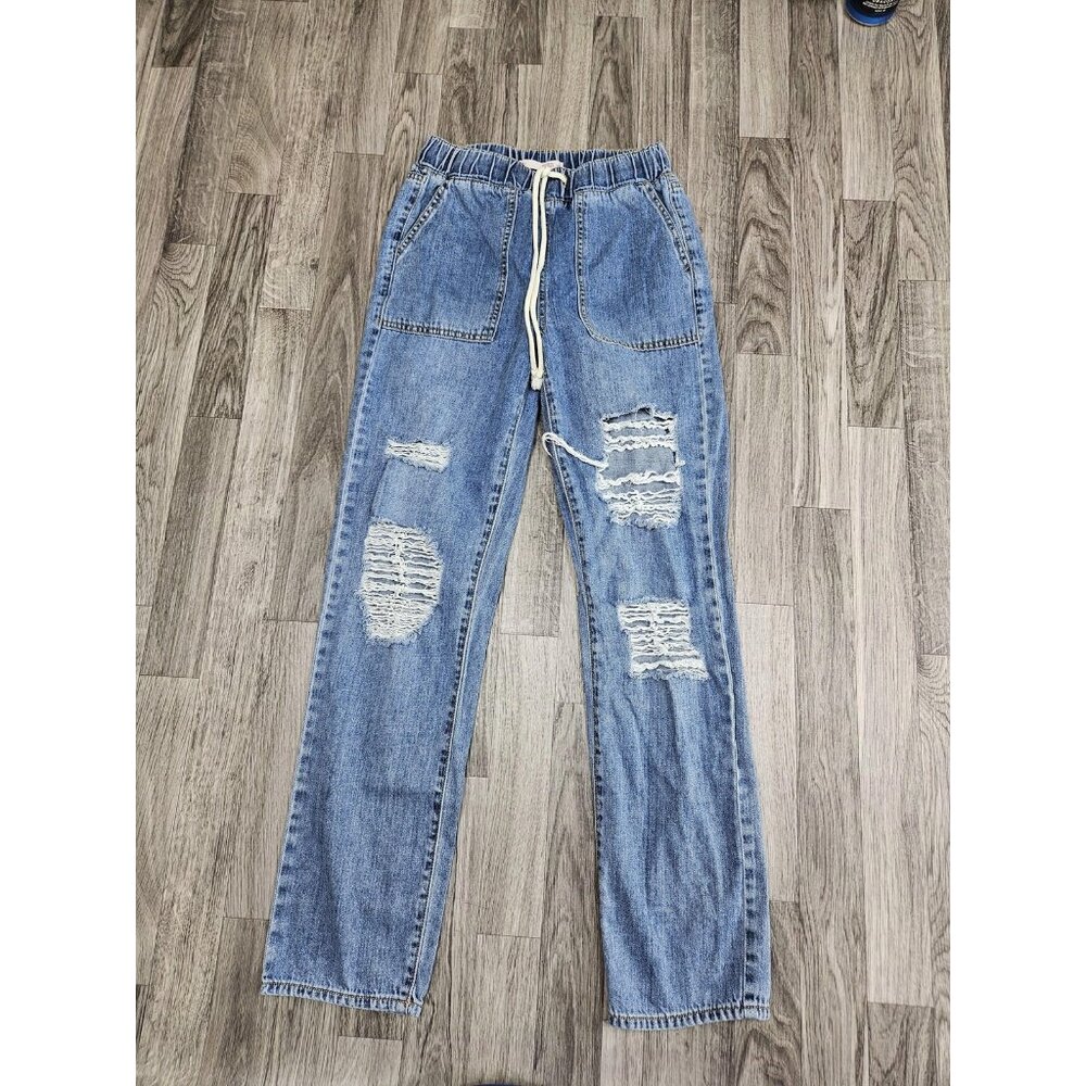 SO Jogger Jeans Womens 1/25 Blue Distressed High Rise Elastic Waist Denim Pants